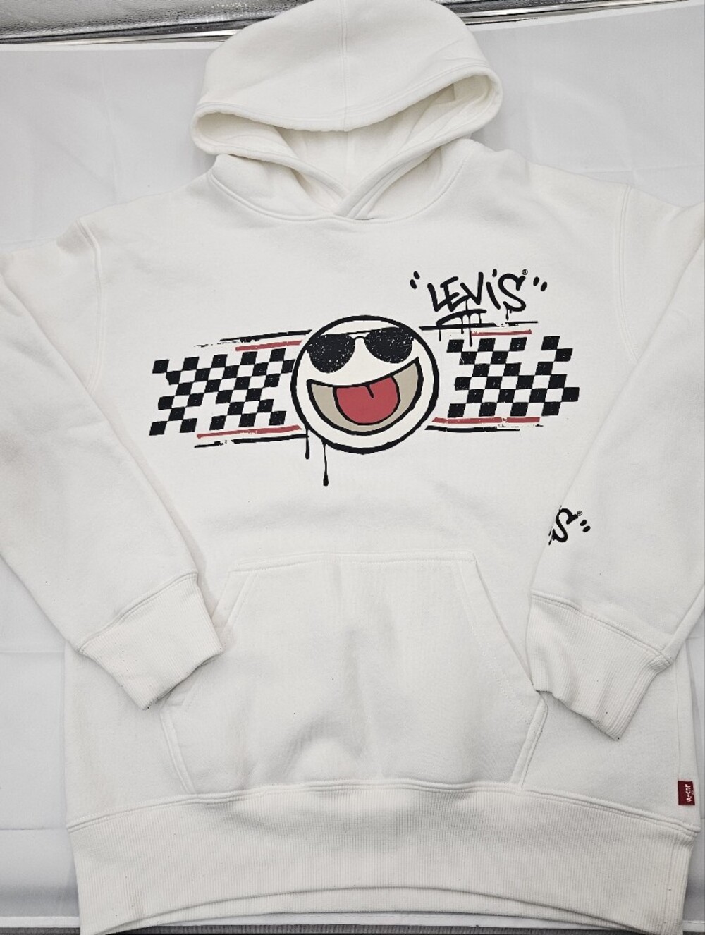 Levi's Boys White Hoodie with Black & Red Smiley Graphic